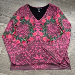 Desigual | Floral Pink V-Neck Sheer Long Sleeve Top with Bell Sleeves Size XL